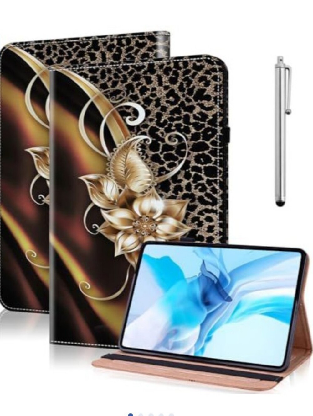 IPAD Universal Floral Gold Black Tablet Folio Case with Stylus